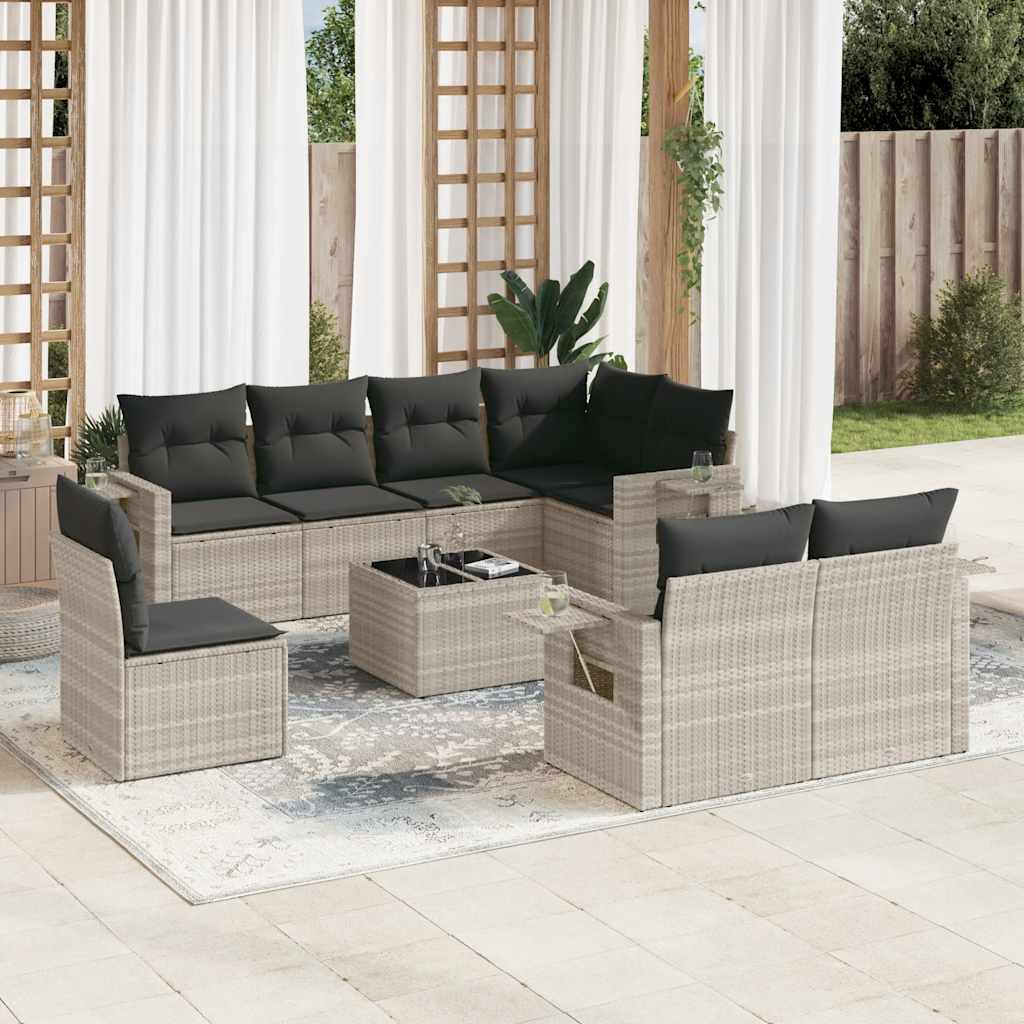 9-delige Loungeset met kussens poly rattan lichtgrijs – afbeelding 1