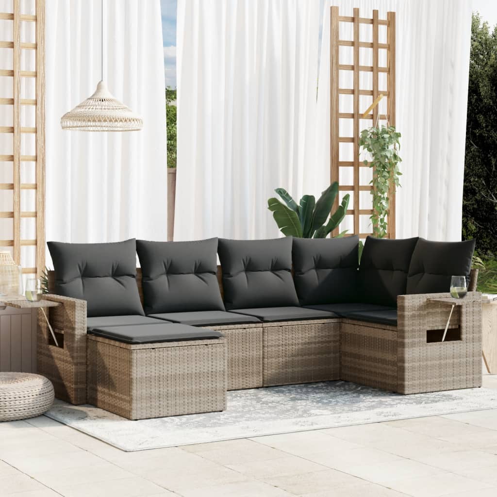 6-delige Loungeset met kussens poly rattan lichtgrijs – afbeelding 1