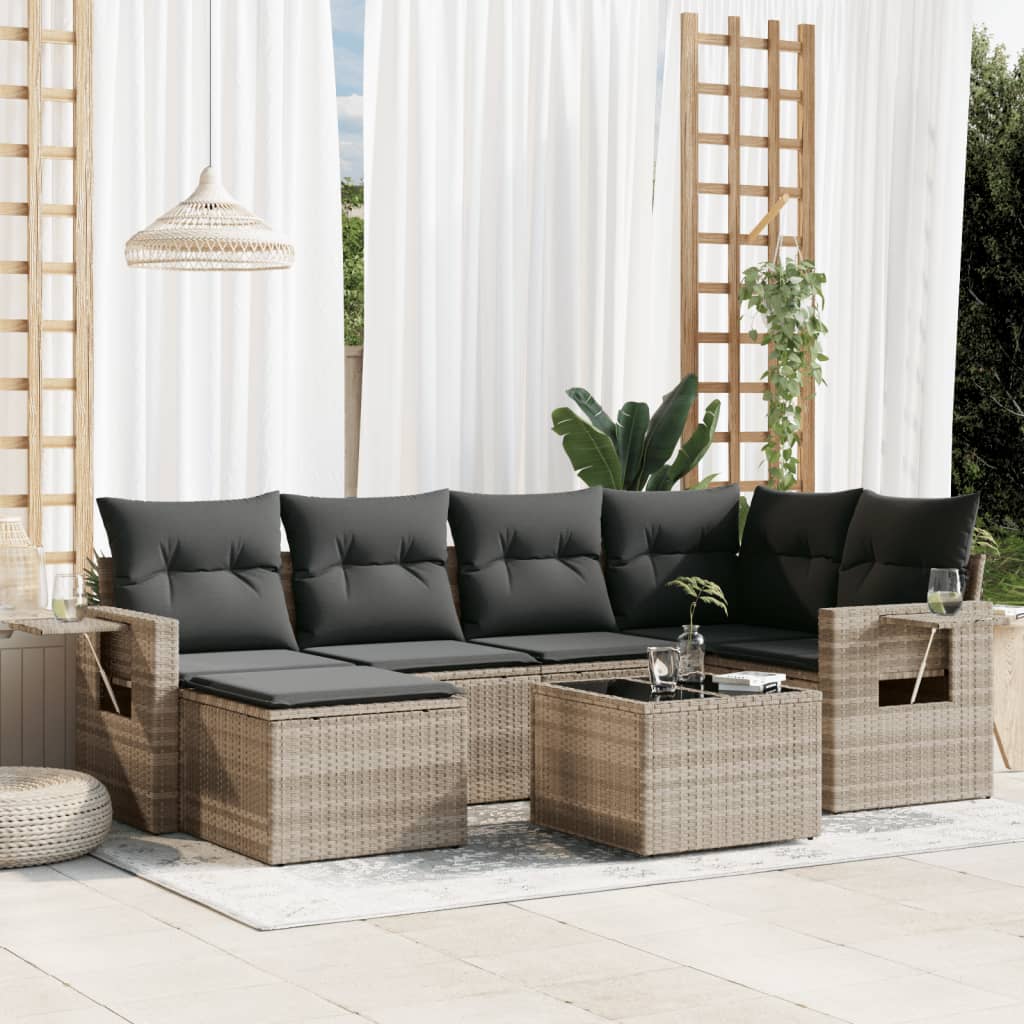 7-delige Loungeset met kussens poly rattan lichtgrijs – afbeelding 1