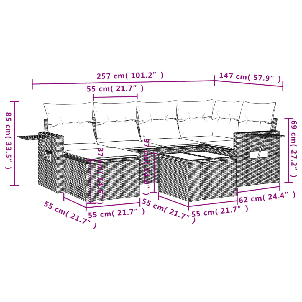 7-delige Loungeset met kussens poly rattan lichtgrijs – afbeelding 3