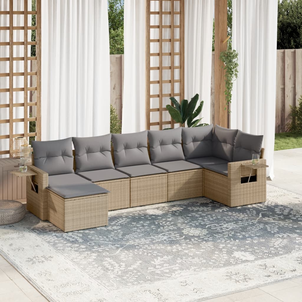 7-delige Loungeset met kussens poly rattan beige – afbeelding 1