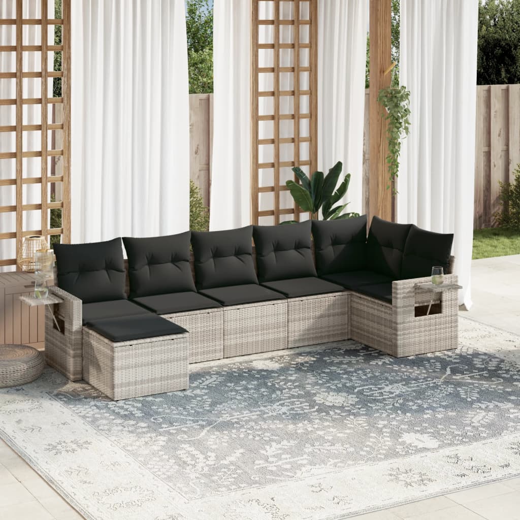 7-delige Loungeset met kussens poly rattan lichtgrijs – afbeelding 1