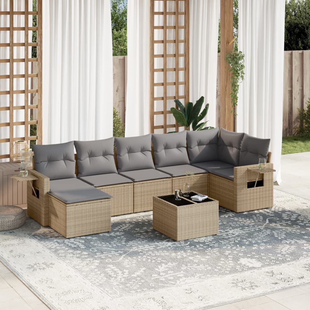 8-delige Loungeset met kussens poly rattan beige – afbeelding 1