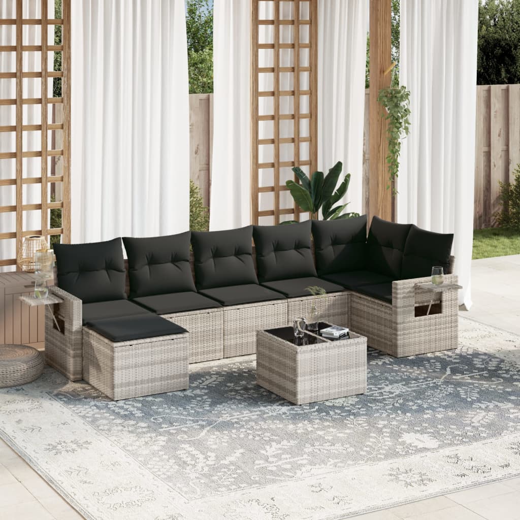 8-delige Loungeset met kussens poly rattan lichtgrijs – afbeelding 1