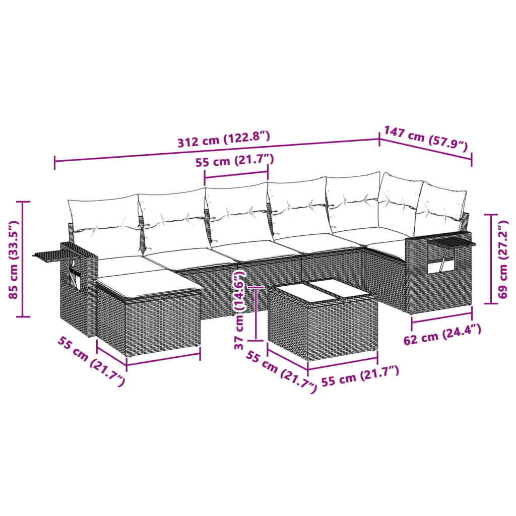8-delige Loungeset met kussens poly rattan lichtgrijs – afbeelding 3
