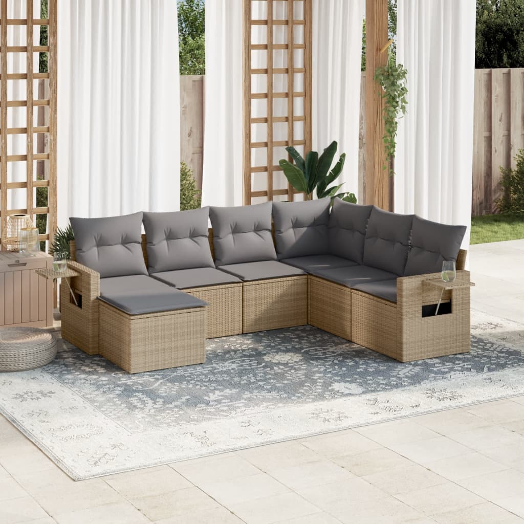 7-delige Loungeset met kussens poly rattan beige – afbeelding 1