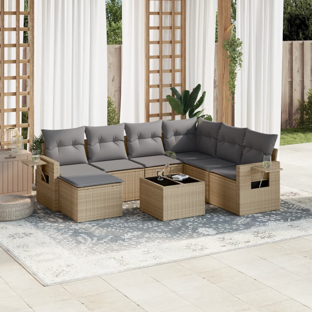 8-delige Loungeset met kussens poly rattan beige – afbeelding 1