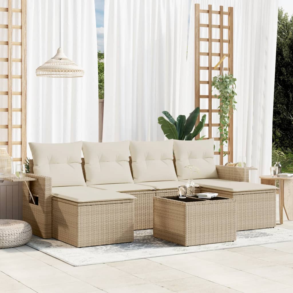 7-delige Loungeset met kussens poly rattan beige – afbeelding 1