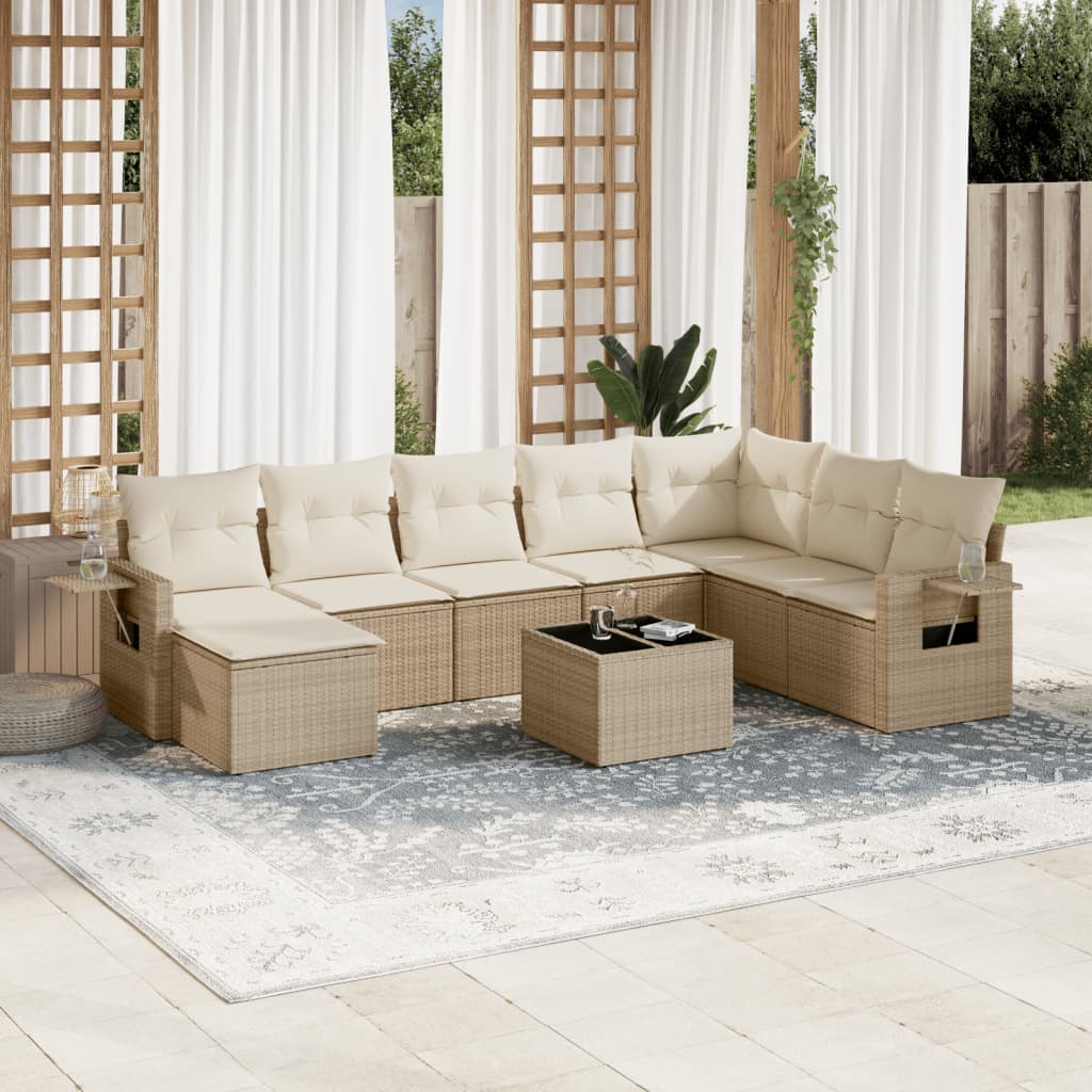 9-delige Loungeset met kussens poly rattan beige – afbeelding 1