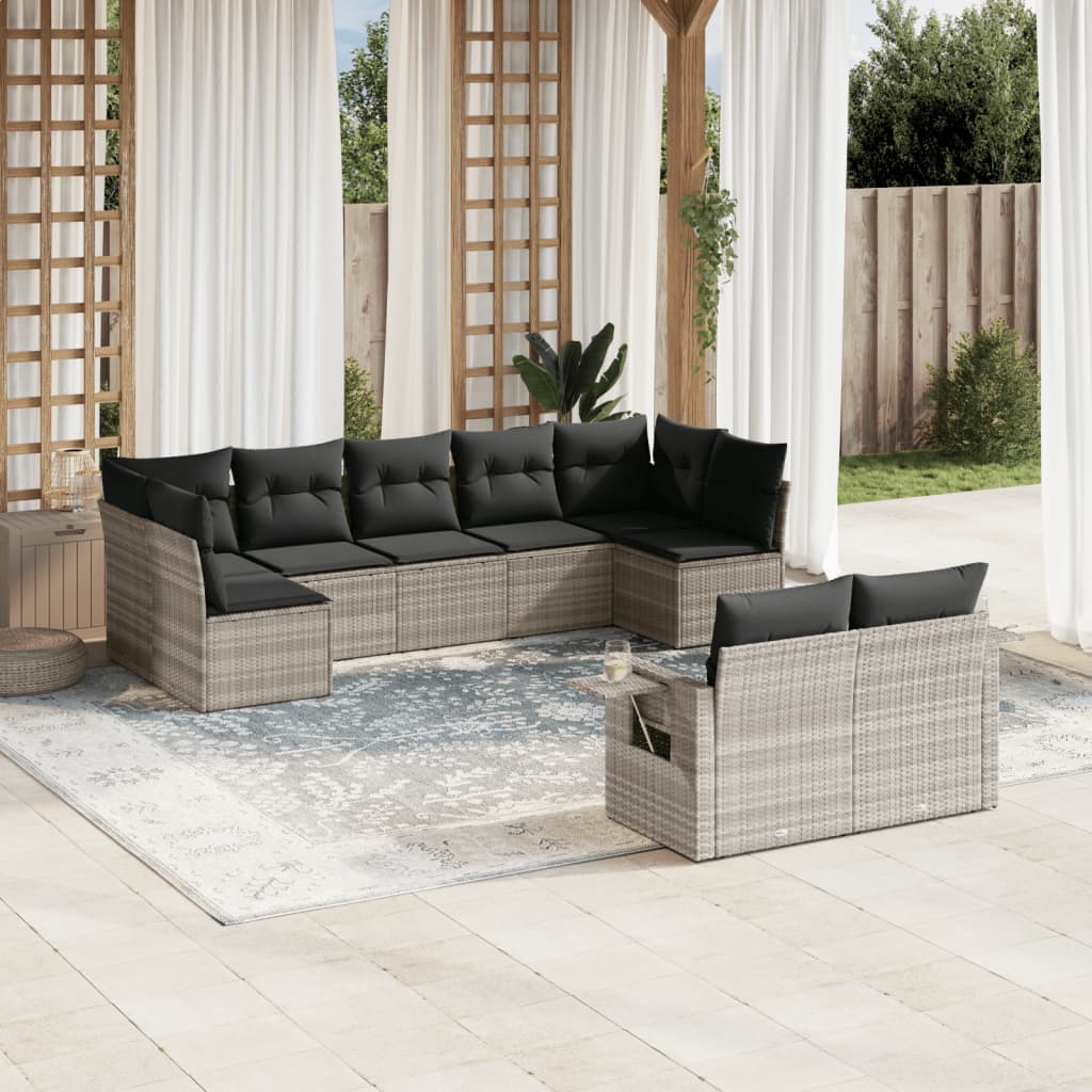 9-delige Loungeset met kussens poly rattan lichtgrijs – afbeelding 1
