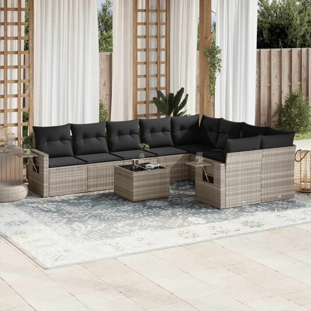 10-delige Loungeset met kussens poly rattan lichtgrijs – afbeelding 1