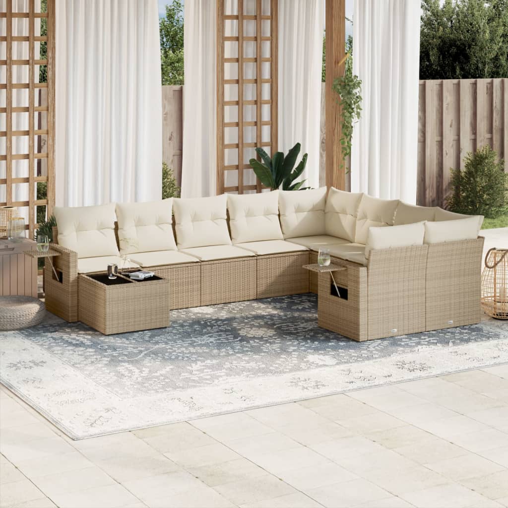 10-delige Loungeset met kussens poly rattan beige – afbeelding 1