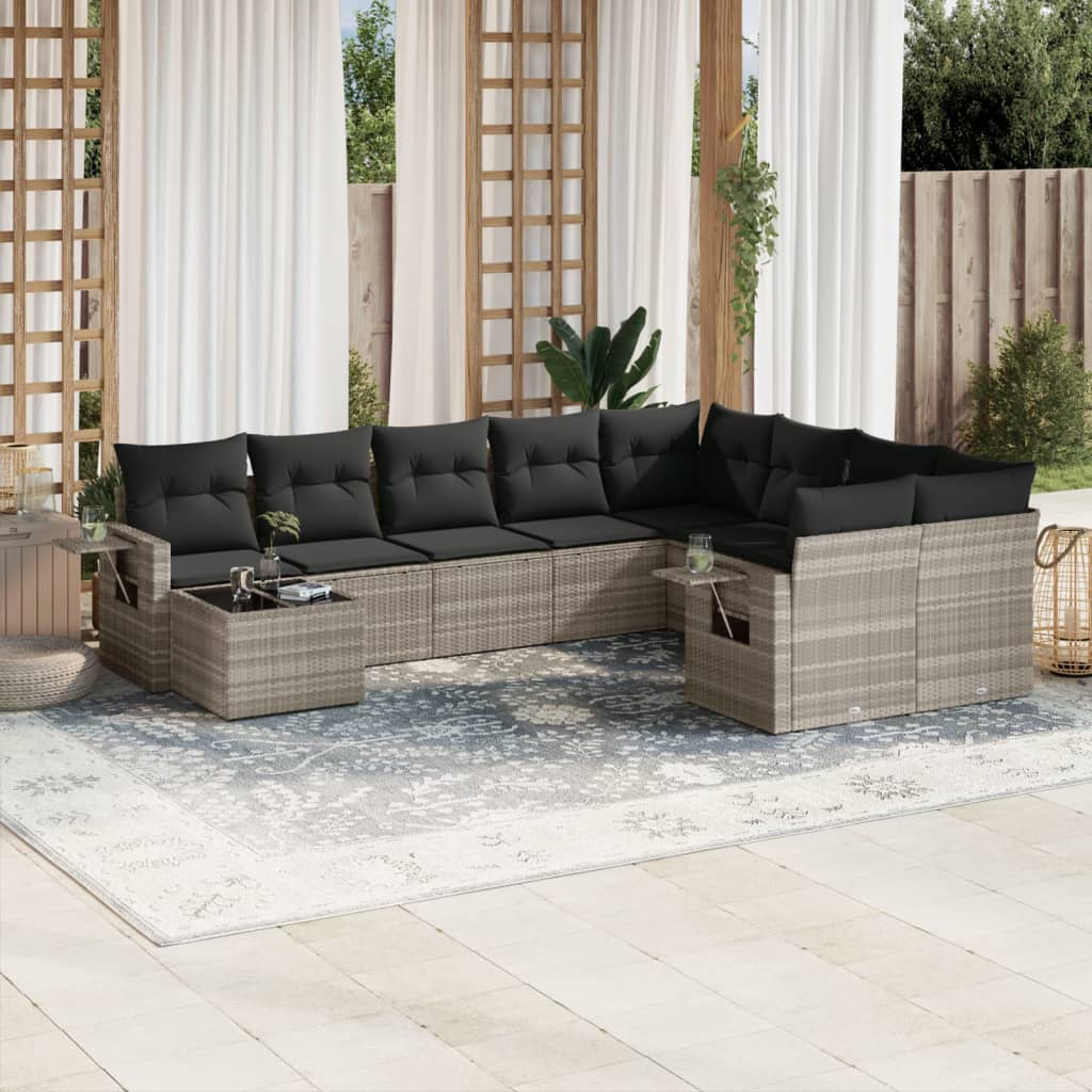 10-delige Loungeset met kussens poly rattan lichtgrijs – afbeelding 1
