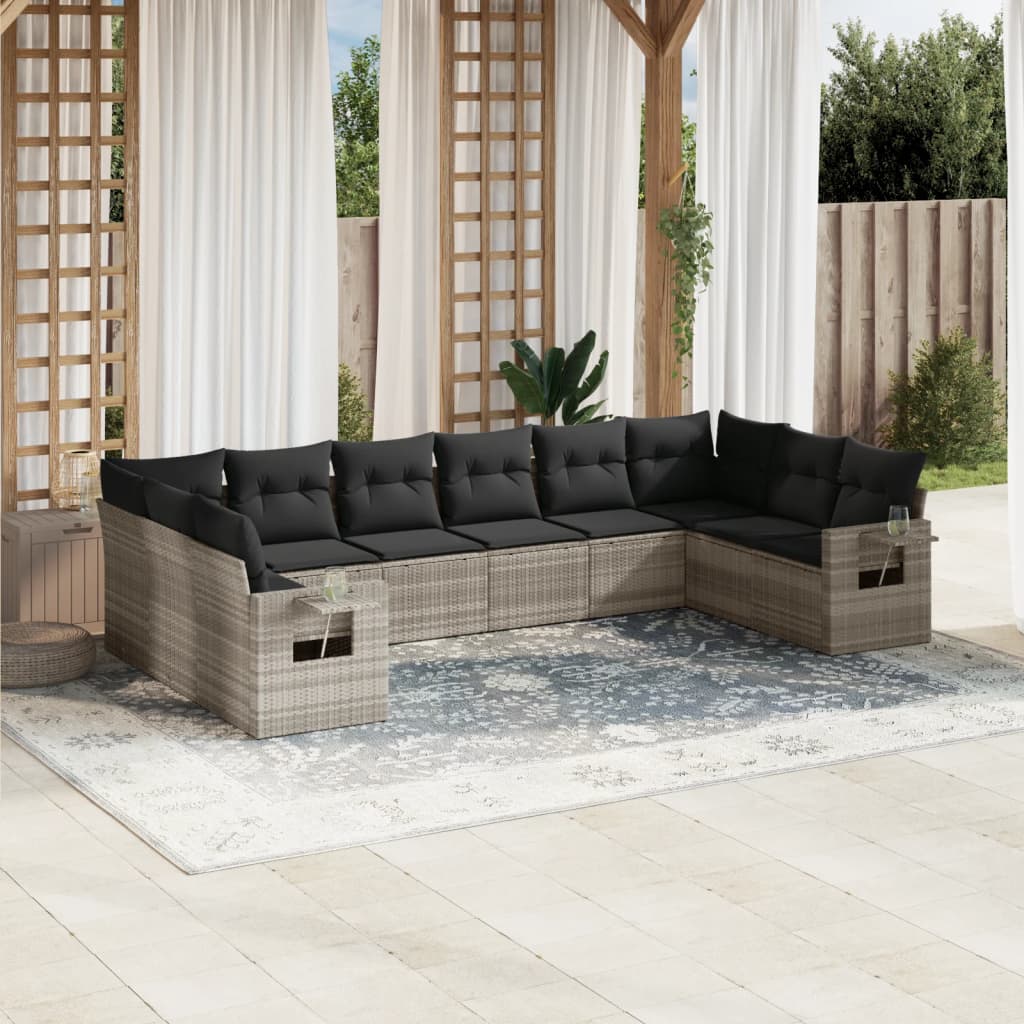 10-delige Loungeset met kussens poly rattan lichtgrijs – afbeelding 1