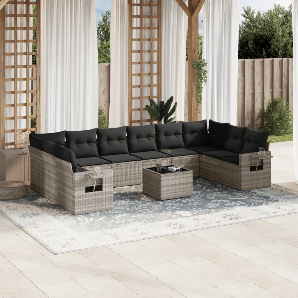 11-delige Loungeset met kussens poly rattan lichtgrijs – afbeelding 1
