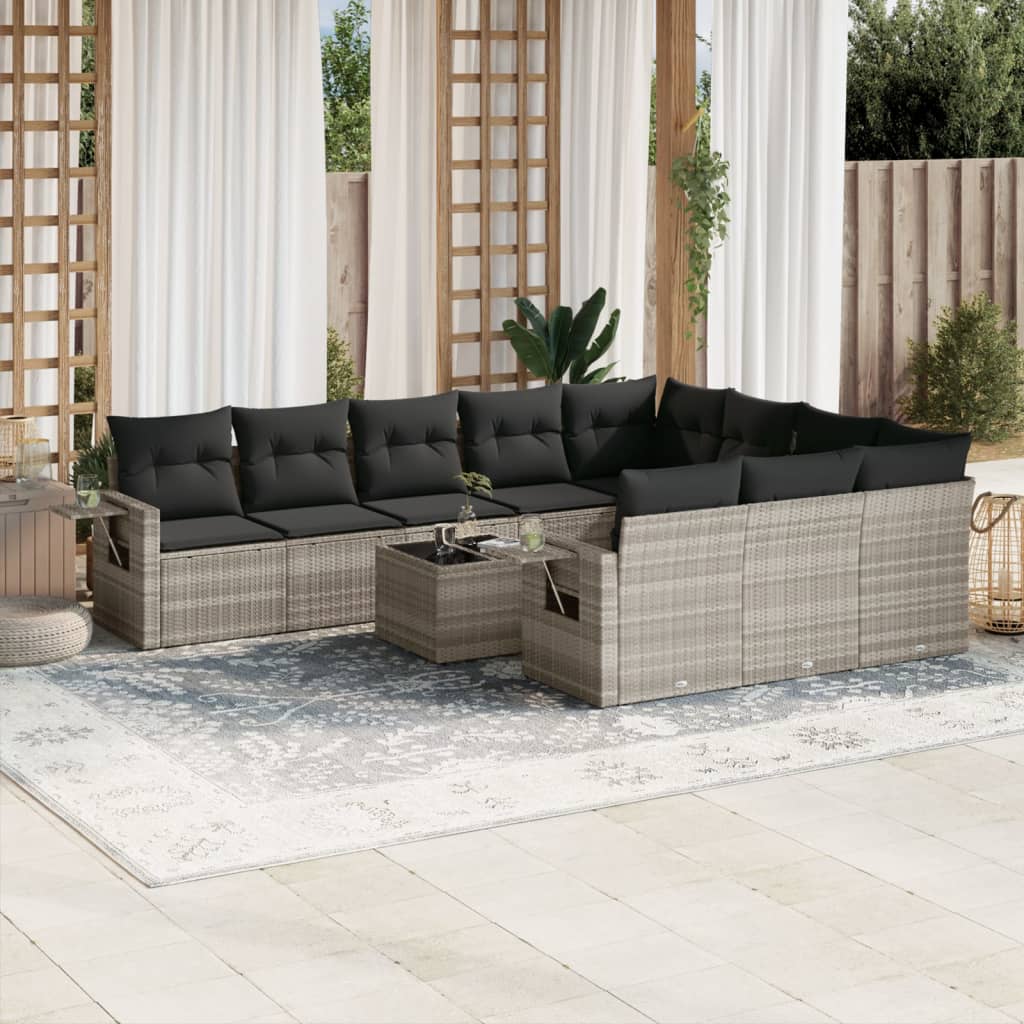 11-delige Loungeset met kussens poly rattan lichtgrijs – afbeelding 1