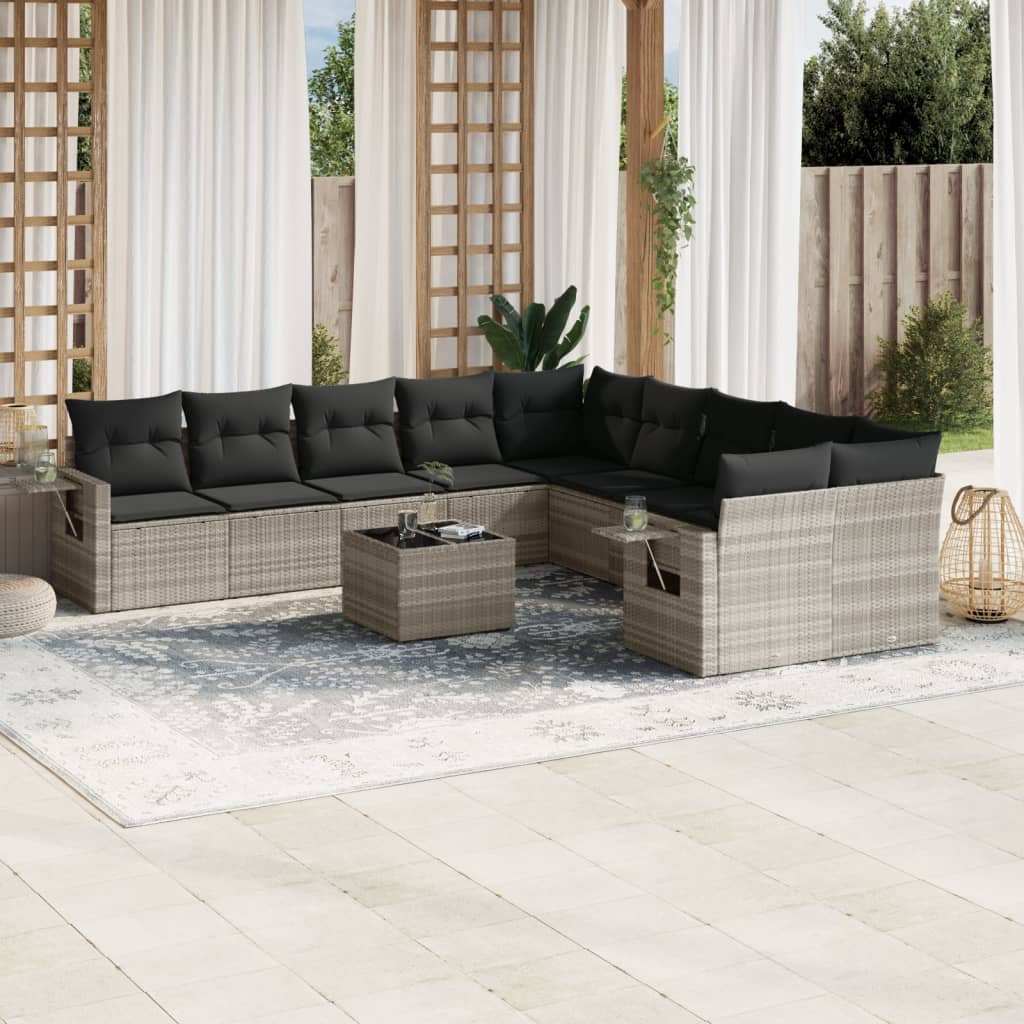 11-delige Loungeset met kussens poly rattan lichtgrijs – afbeelding 1