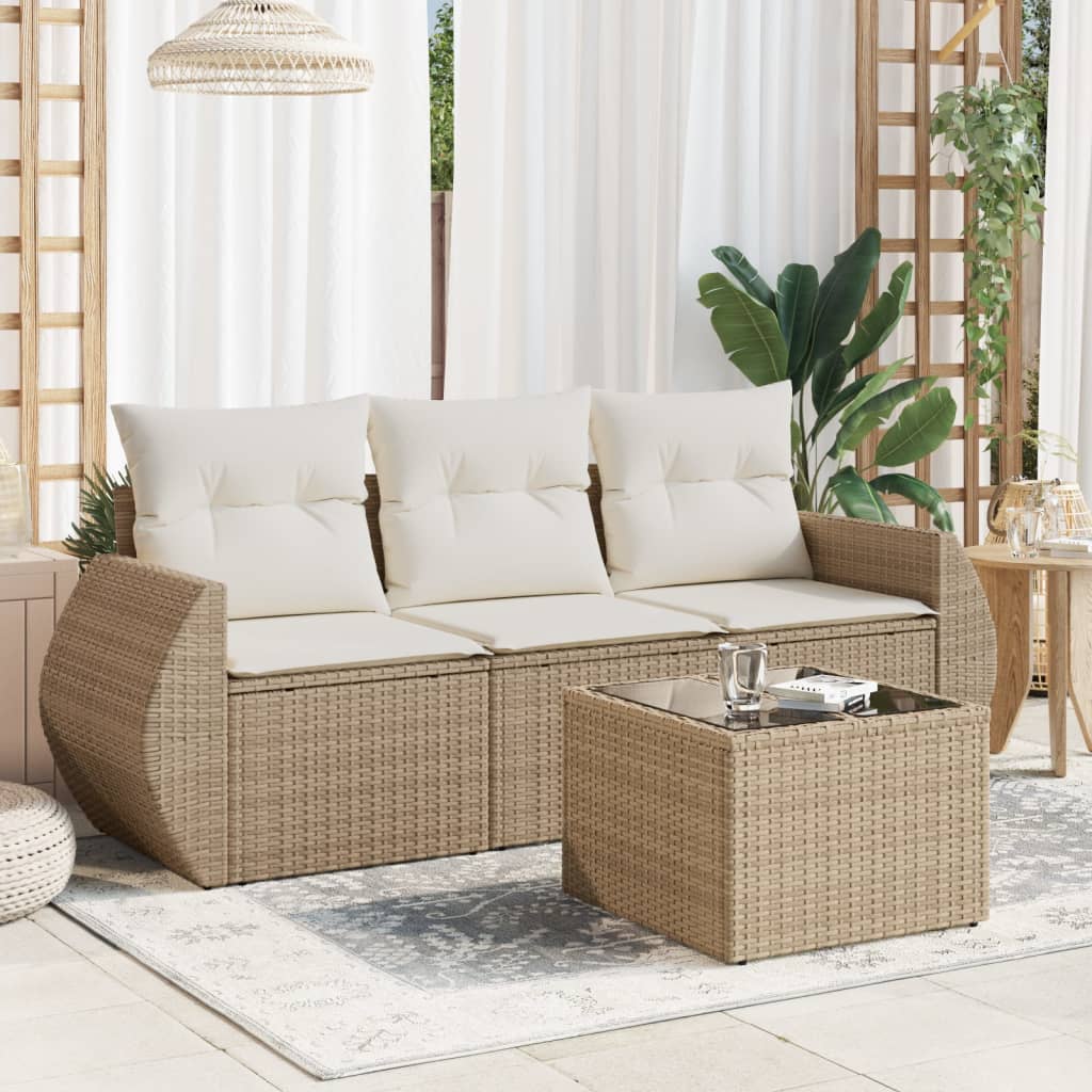 4-delige Loungeset met kussens poly rattan beige – afbeelding 1