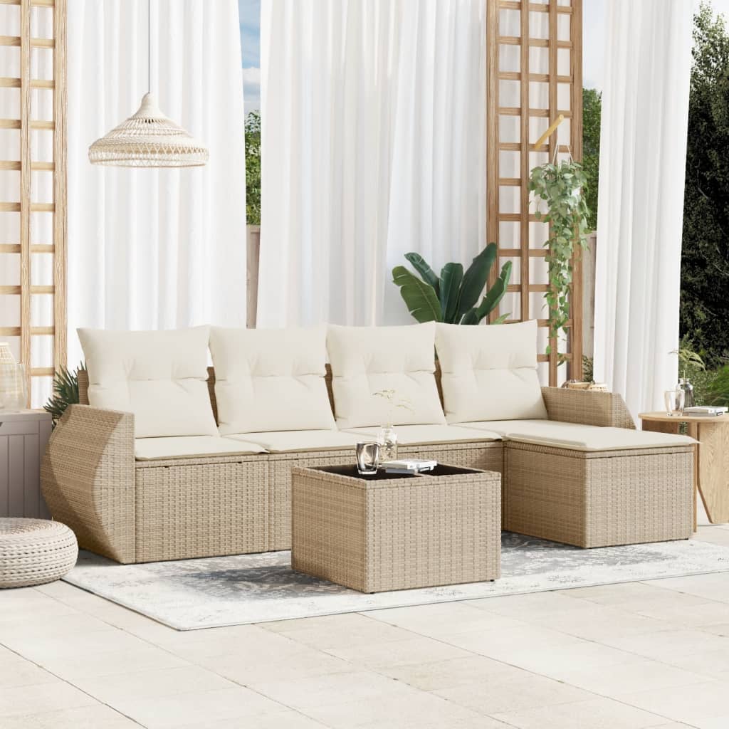 6-delige Loungeset met kussens poly rattan beige – afbeelding 1