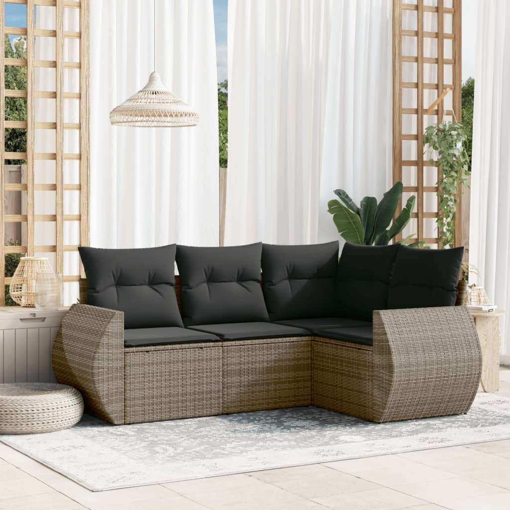 4-delige Loungeset met kussens poly rattan grijs