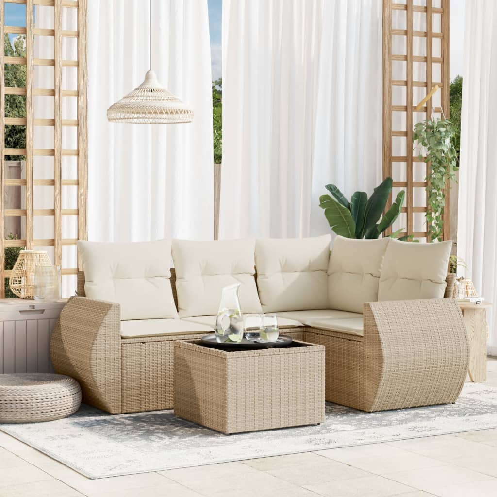 5-delige Loungeset met kussens poly rattan beige – afbeelding 1