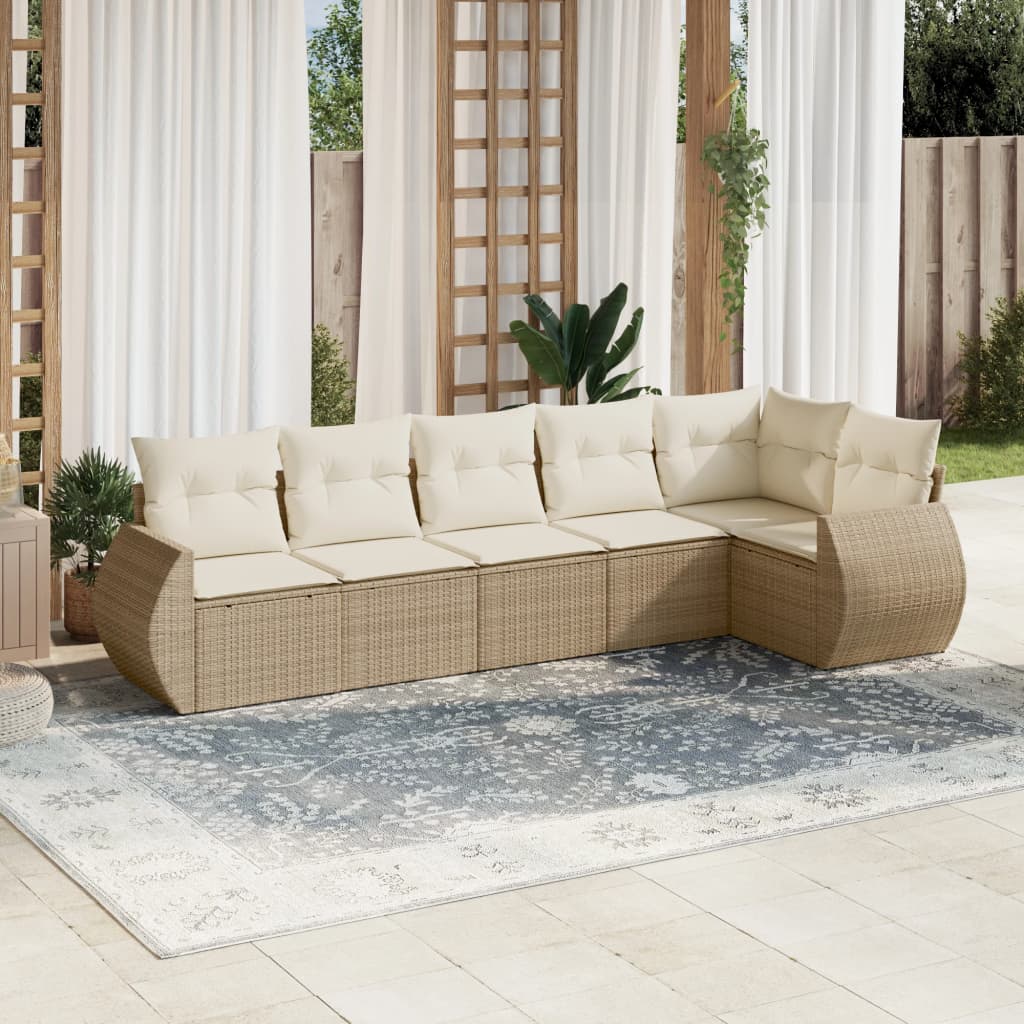 6-delige Loungeset met kussens poly rattan beige – afbeelding 1