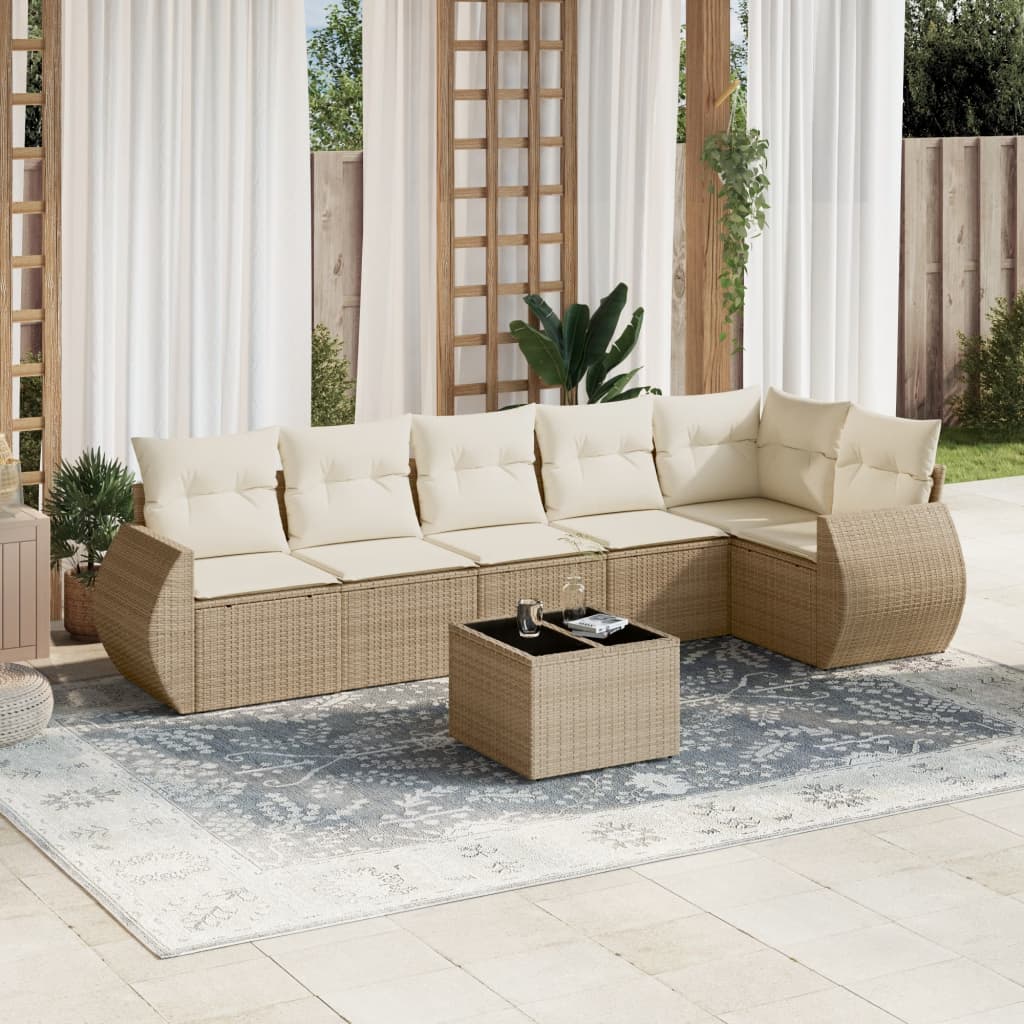 7-delige Loungeset met kussens poly rattan beige – afbeelding 1