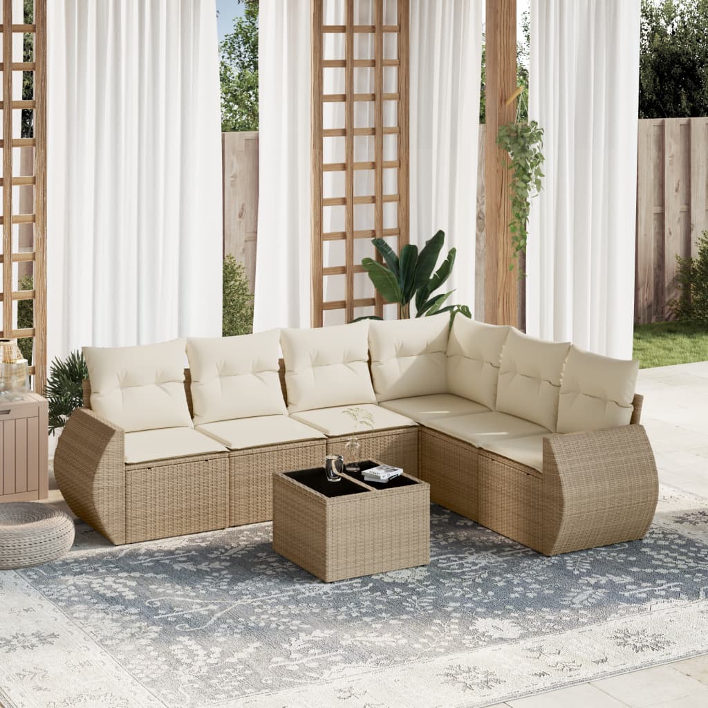 7-delige Loungeset met kussens poly rattan beige – afbeelding 1