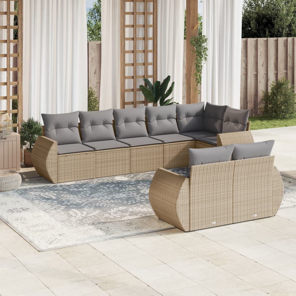 8-delige Loungeset met kussens poly rattan beige – afbeelding 1
