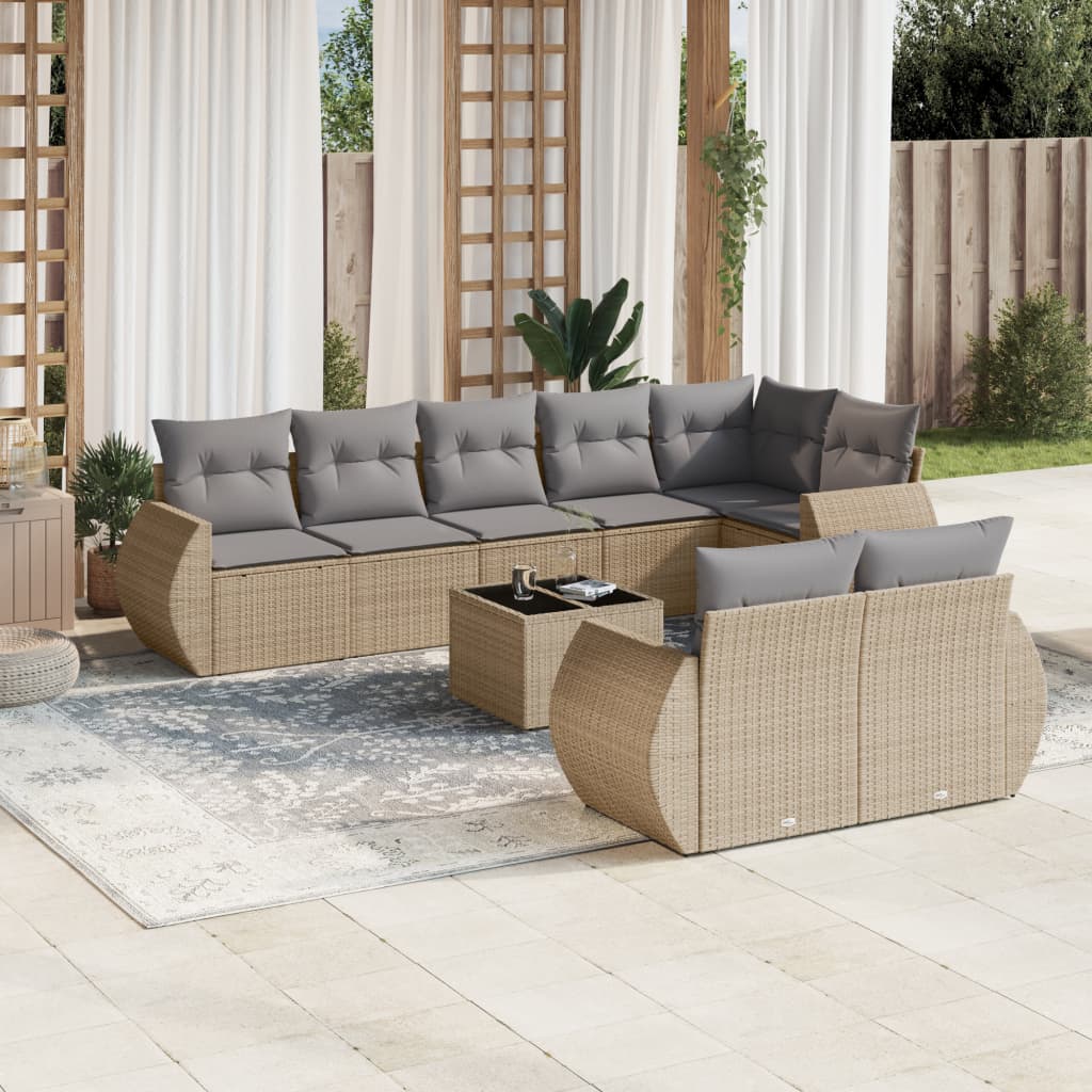 9-delige Loungeset met kussens poly rattan beige – afbeelding 1