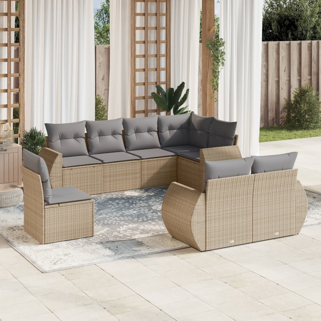 8-delige Loungeset met kussens poly rattan beige – afbeelding 1