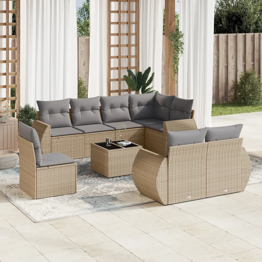9-delige Loungeset met kussens poly rattan beige – afbeelding 1