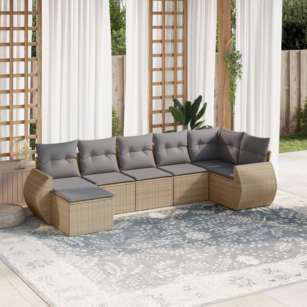 7-delige Loungeset met kussens poly rattan beige – afbeelding 1