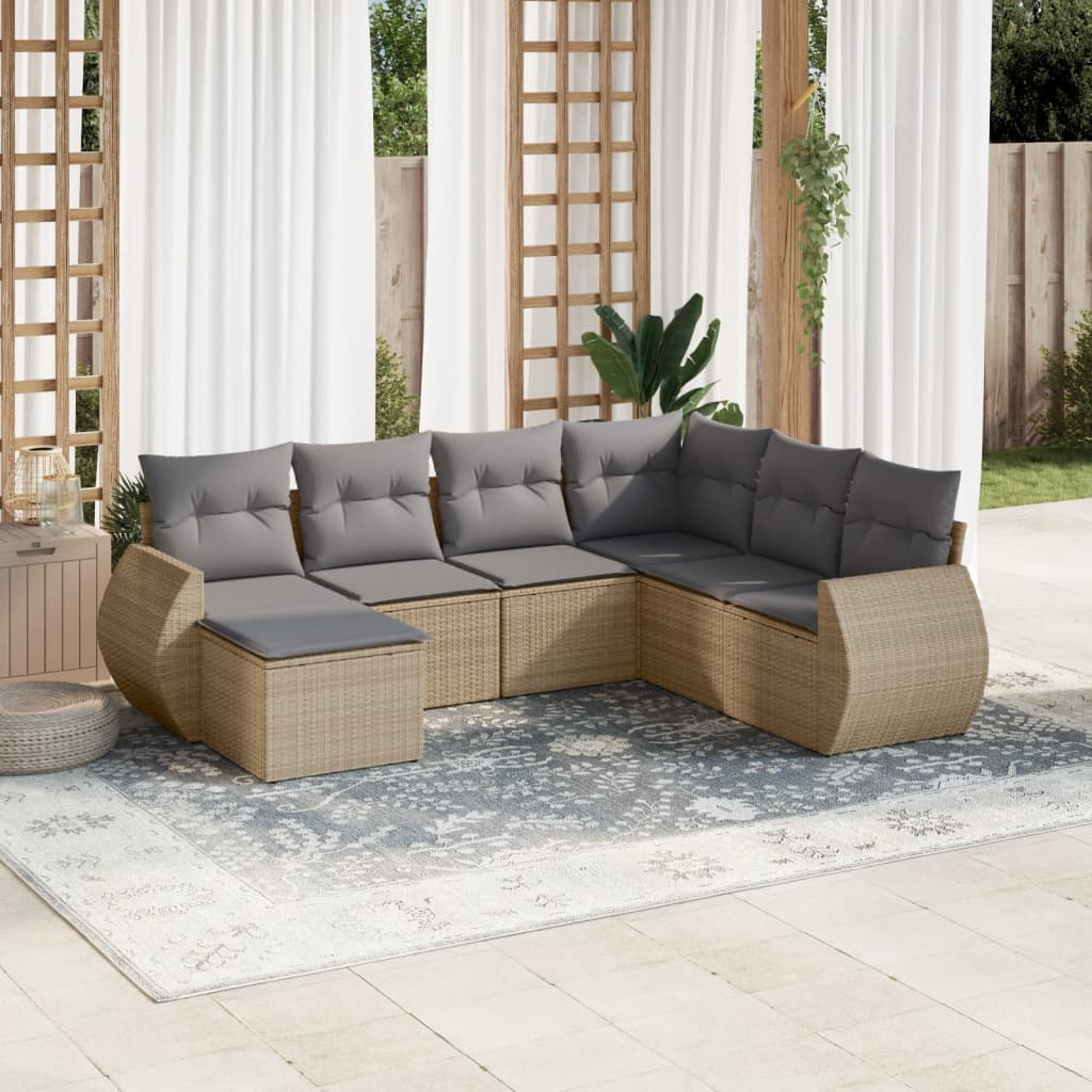 7-delige Loungeset met kussens poly rattan beige – afbeelding 1