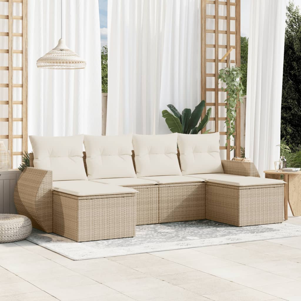 6-delige Loungeset met kussens poly rattan beige – afbeelding 1