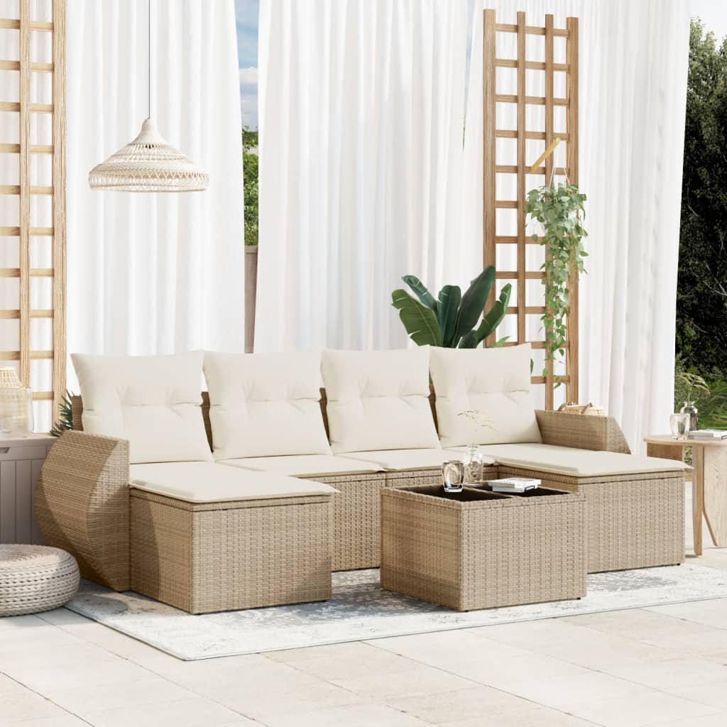 7-delige Loungeset met kussens poly rattan beige – afbeelding 1