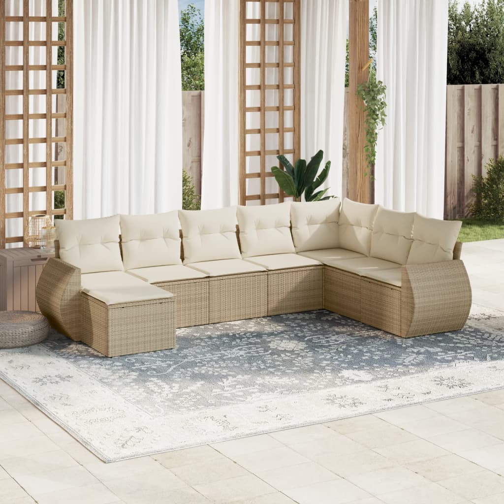 8-delige Loungeset met kussens poly rattan beige – afbeelding 1