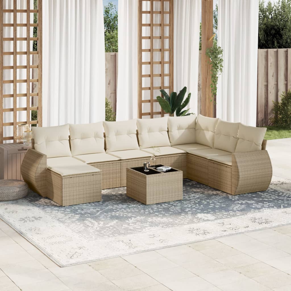 9-delige Loungeset met kussens poly rattan beige – afbeelding 1