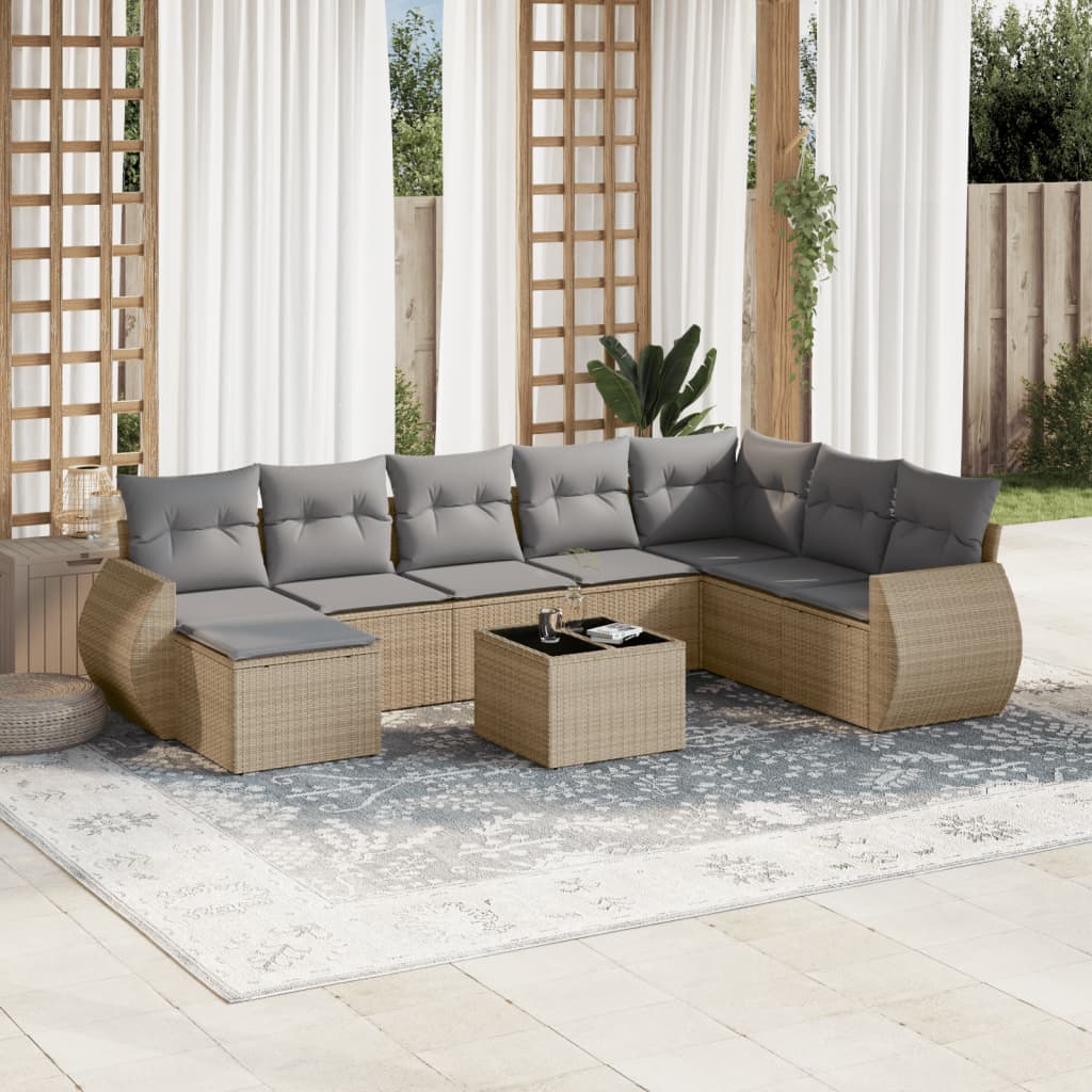 9-delige Loungeset met kussens poly rattan beige – afbeelding 1
