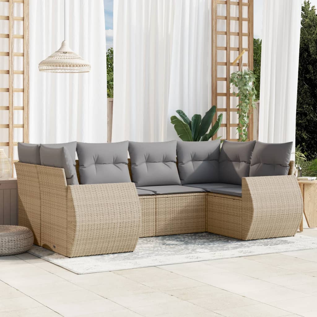 6-delige Loungeset met kussens poly rattan beige – afbeelding 1