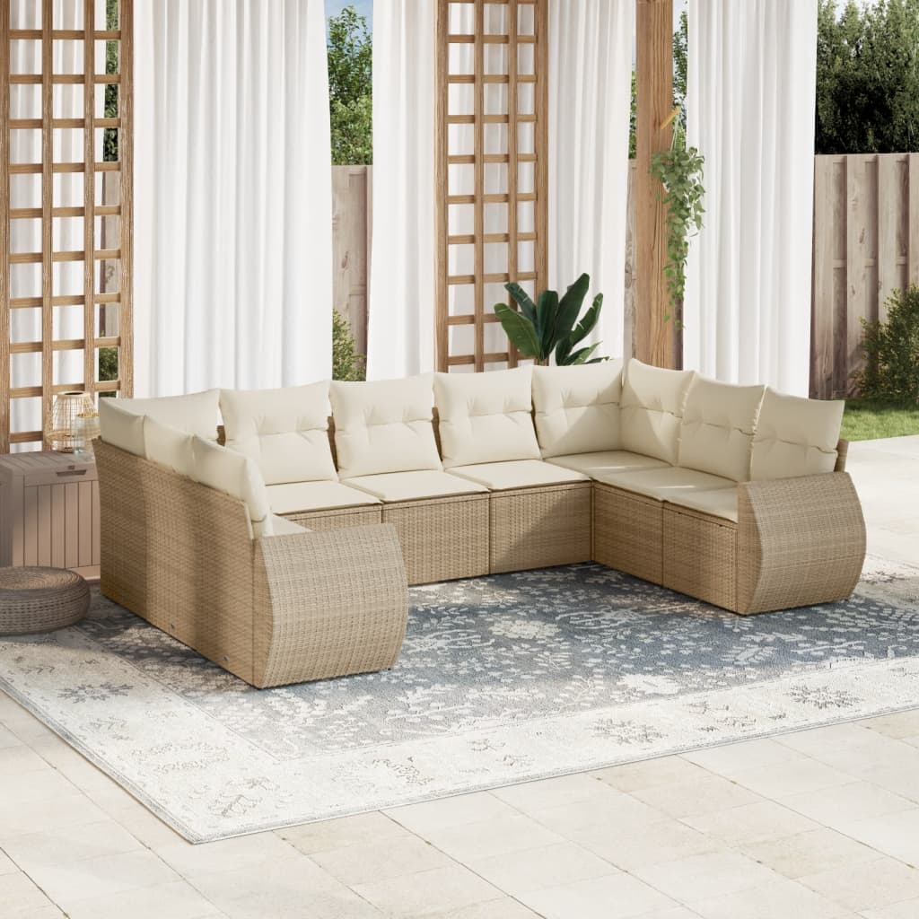 9-delige Loungeset met kussens poly rattan beige – afbeelding 1