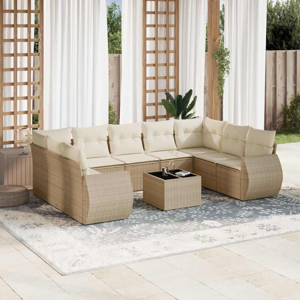 10-delige Loungeset met kussens poly rattan beige – afbeelding 1