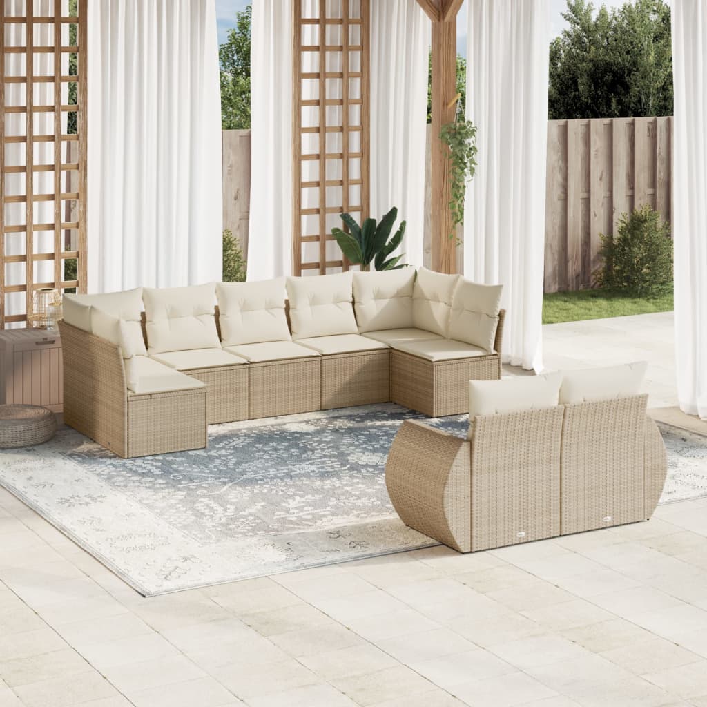 9-delige Loungeset met kussens poly rattan beige – afbeelding 1