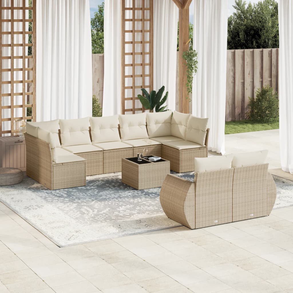 10-delige Loungeset met kussens poly rattan beige – afbeelding 1