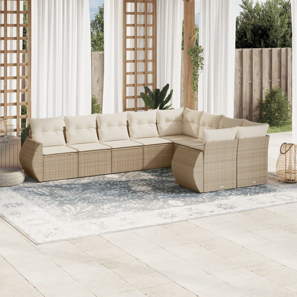9-delige Loungeset met kussens poly rattan beige – afbeelding 1
