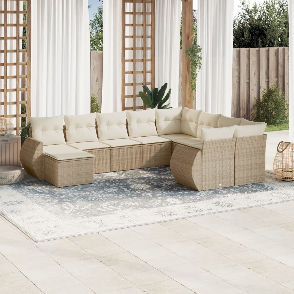 10-delige Loungeset met kussens poly rattan beige – afbeelding 1