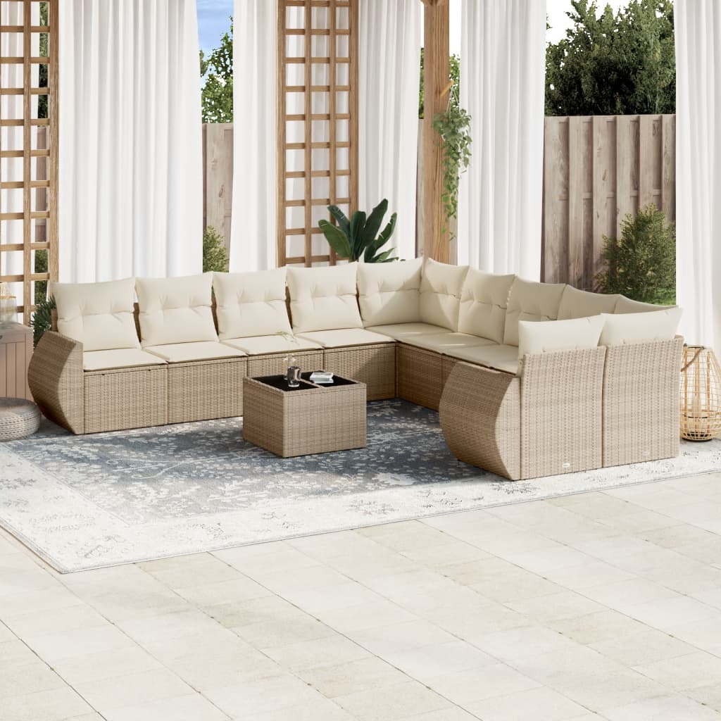 11-delige Tuinset met kussens poly rattan beige