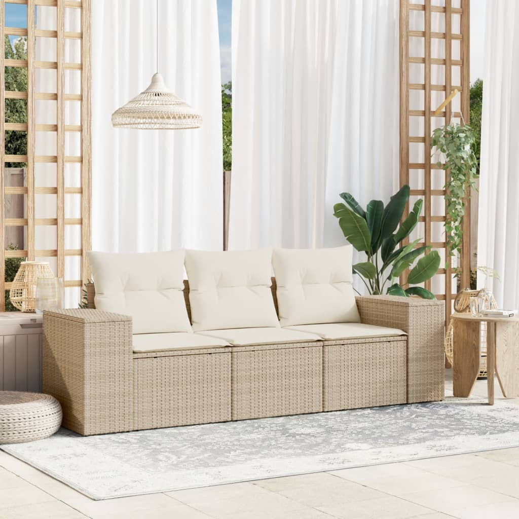 3-delige Loungeset met kussens poly rattan beige – afbeelding 1