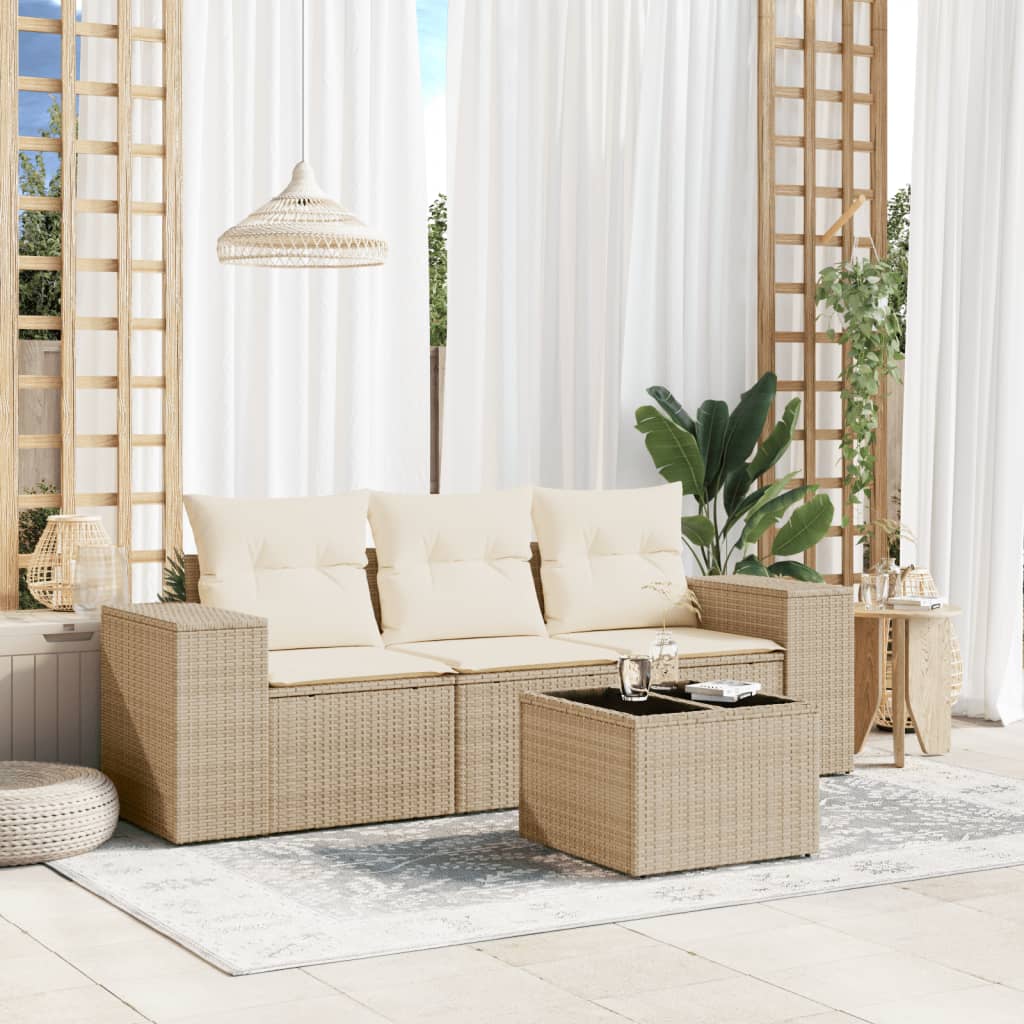4-delige Loungeset met kussens poly rattan beige – afbeelding 1