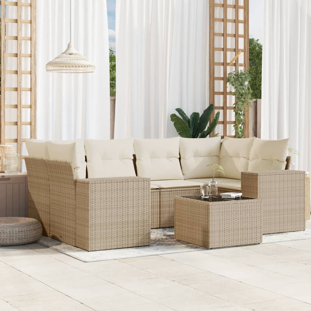 7-delige Loungeset met kussens poly rattan beige – afbeelding 1